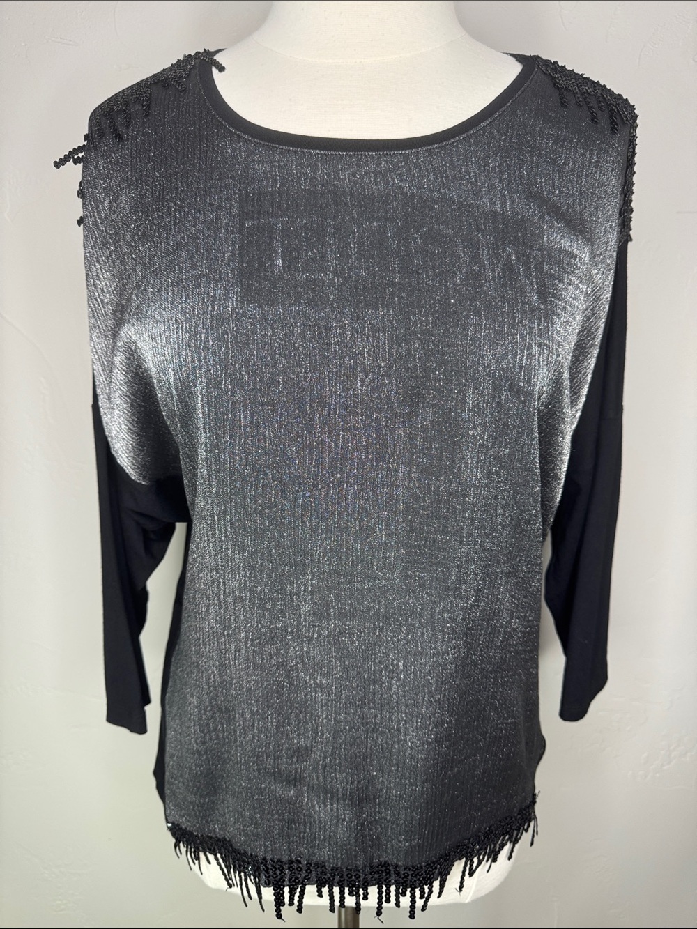 Black Top with Metallic Front Panel & Sequin Fringe Detail Size 42 / M-XL